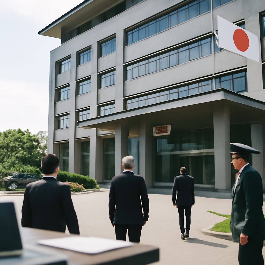 Modern Japanese government building with defense vehicles and officials.