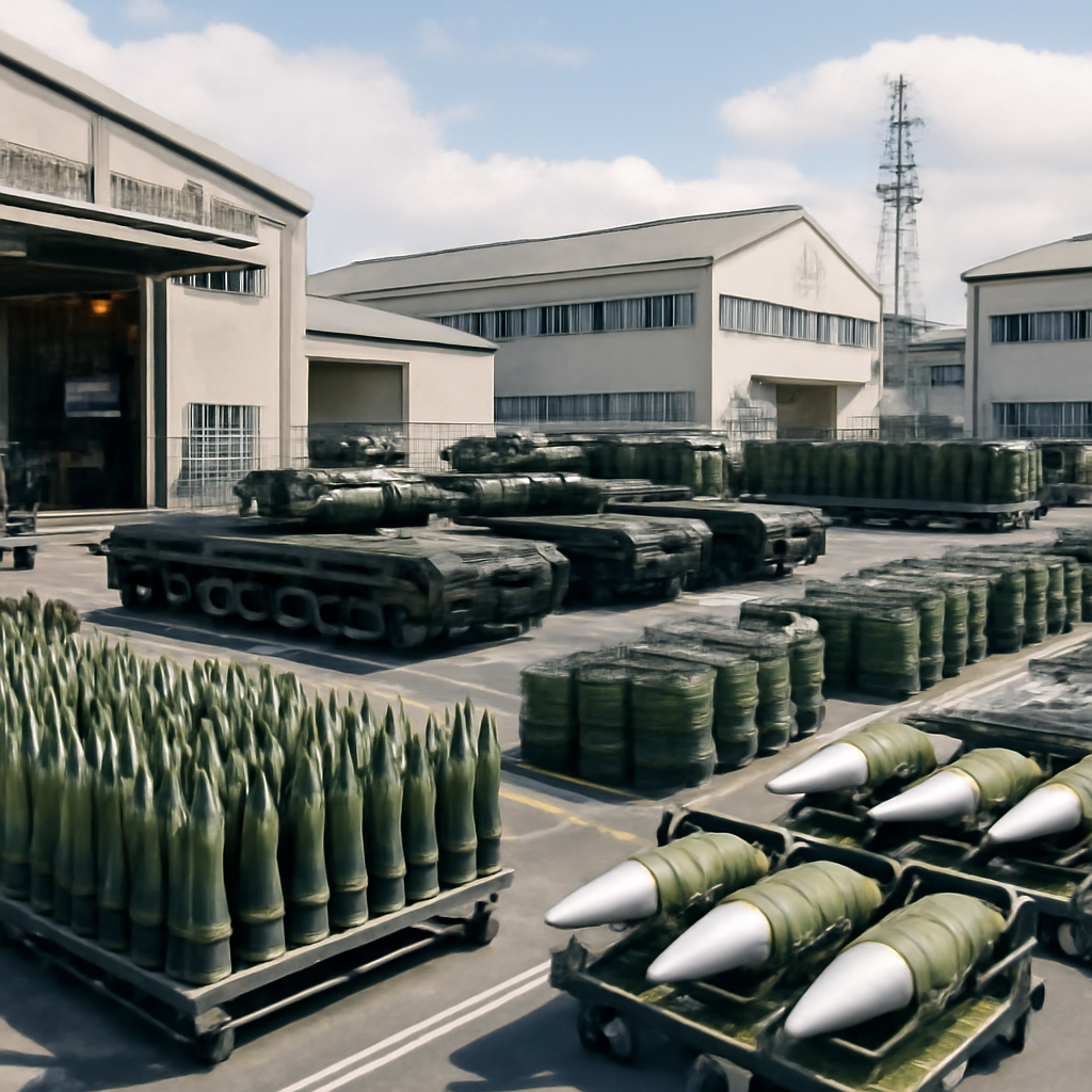 Japanese defense industry facility with production lines and stockpiles of equipment.