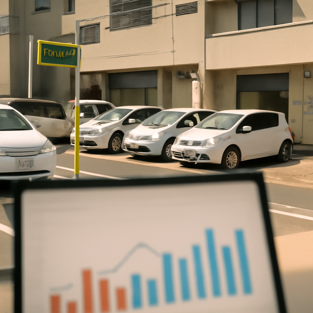 Cars parked in a brightly-lit Japanese urban setting with a subtle data visualization hint in the foreground.