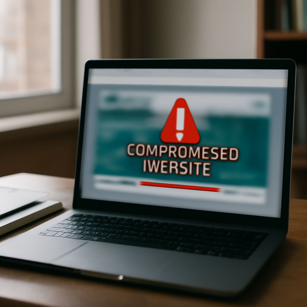 Laptop screen displays compromised website in home office setting.