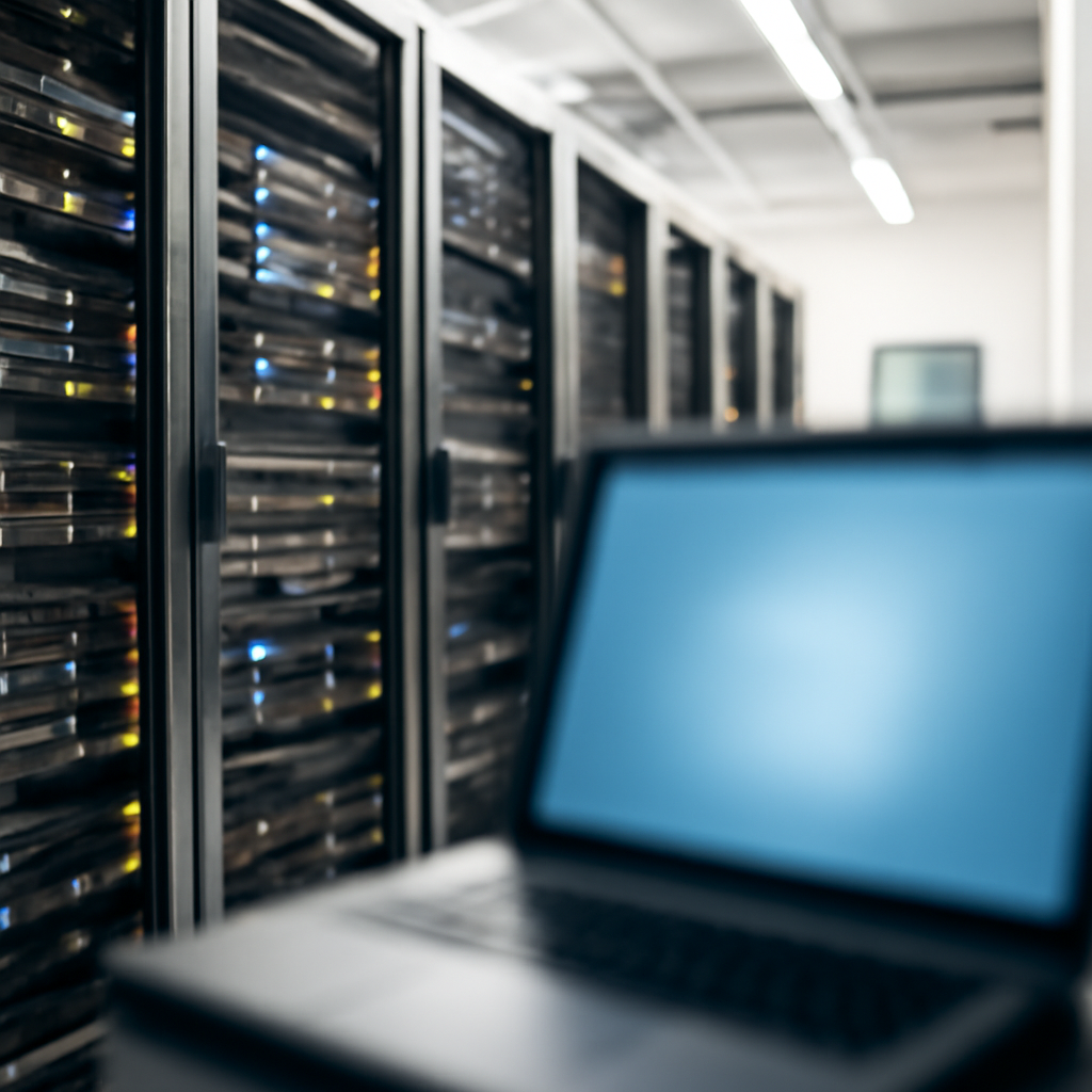 Rows of computer servers and equipment in a brightly-lit data center with a single blurred laptop screen in the foreground.