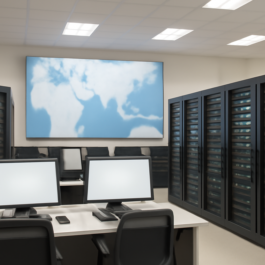 Empty server room with rows of equipment racks and monitoring stations.