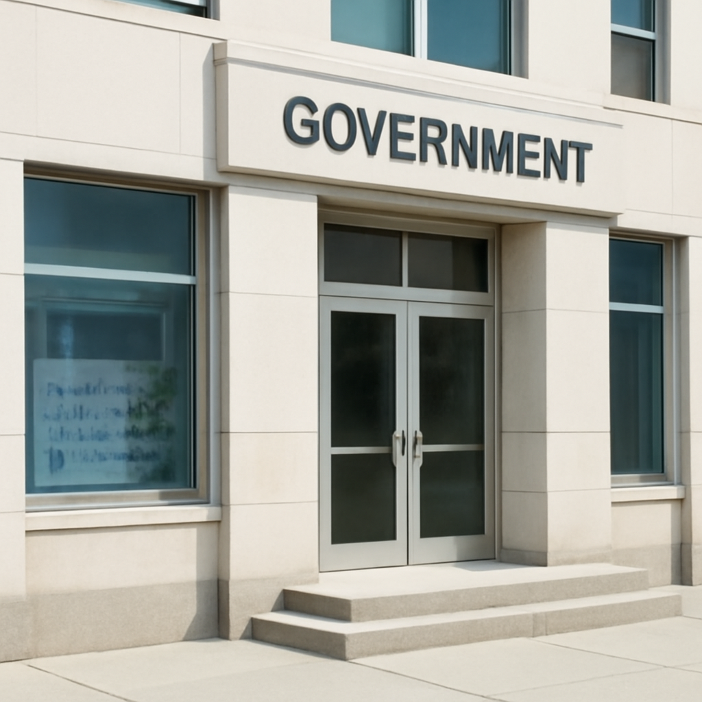 Government building exterior with subtle hint of computer infrastructure.