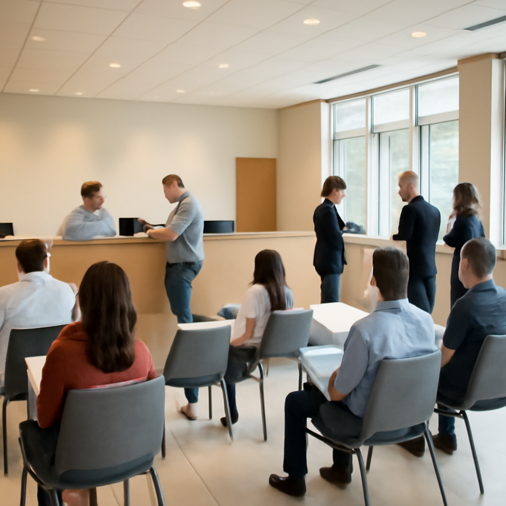 Employees with laptops and tablets gather in a large, empty office lobby or reception area.