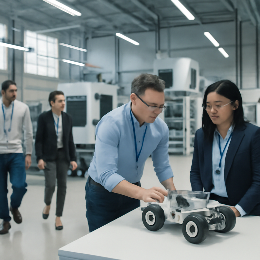 Engineers examine high-tech equipment and prototype device in bright laboratory setting.
