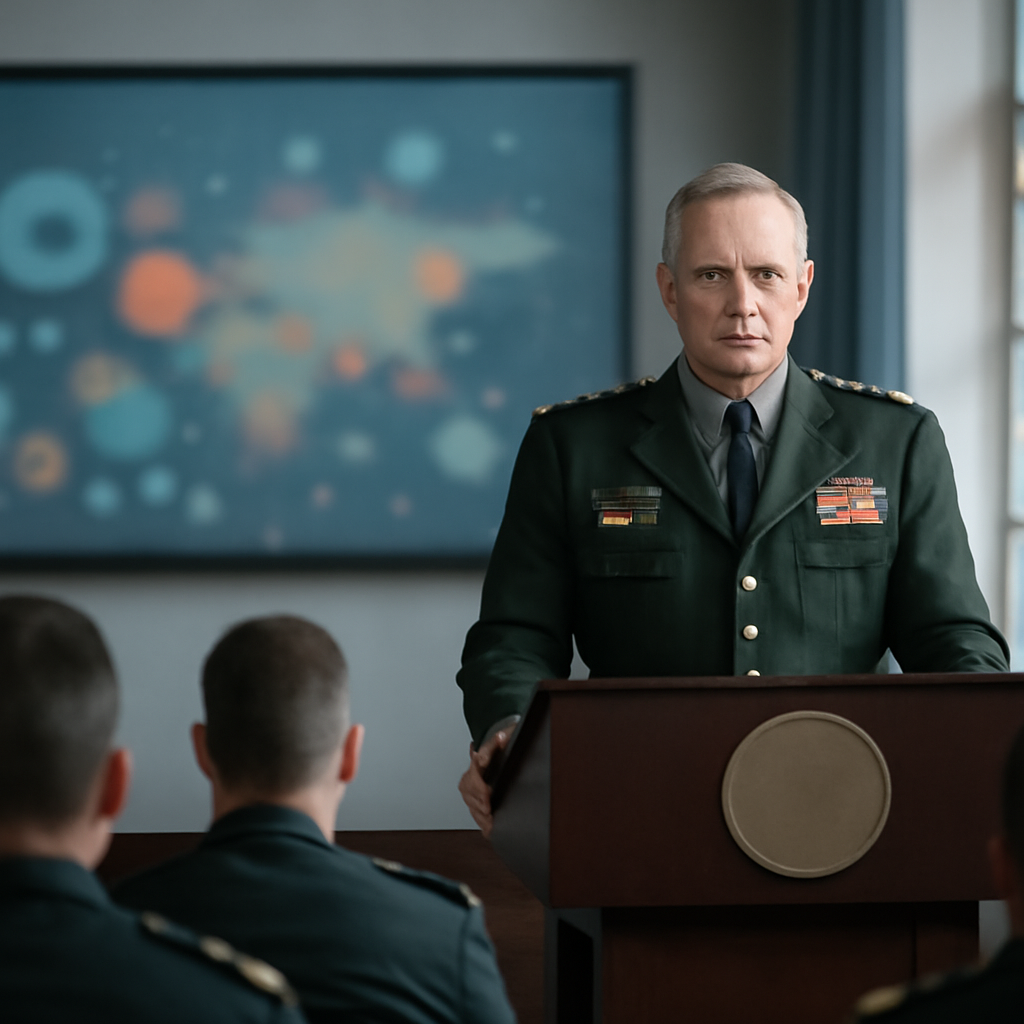 Military general addresses audience in briefing room with data visualization display.