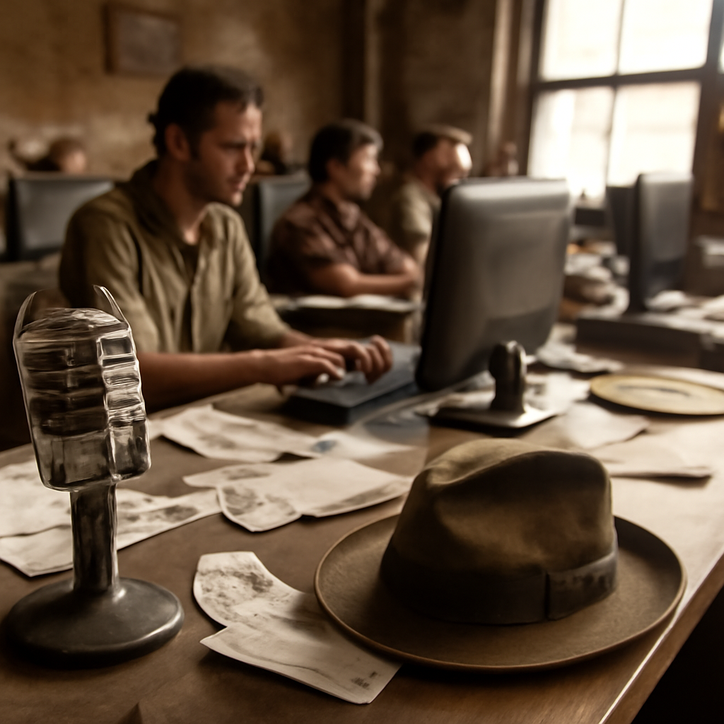 Worn newsroom with journalists typing on computers, papers scattered, and natural light from a large window.