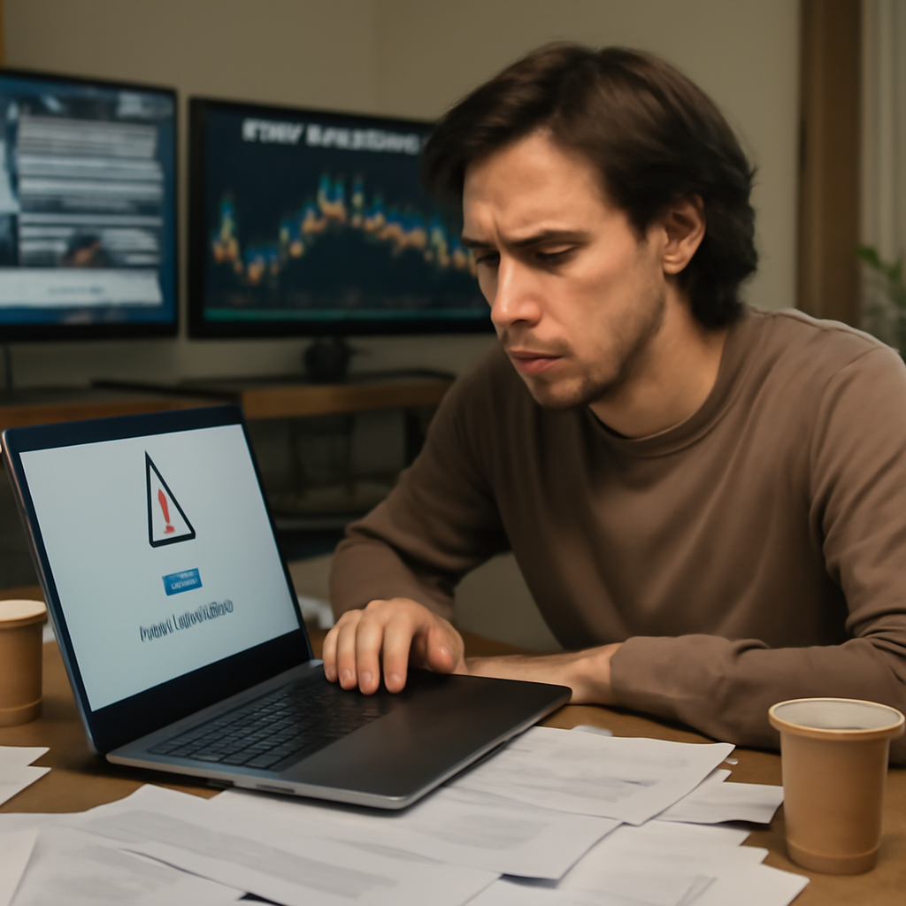 Person sitting at laptop with concerned expression, surrounded by papers and financial screens.