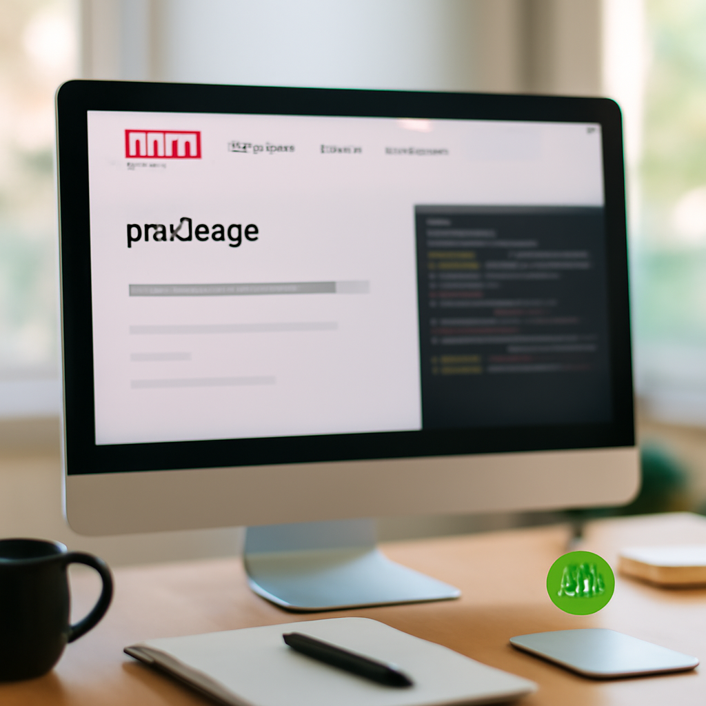 Developer workspace with npm package management page, terminal window, and software items on a brightly lit desk.