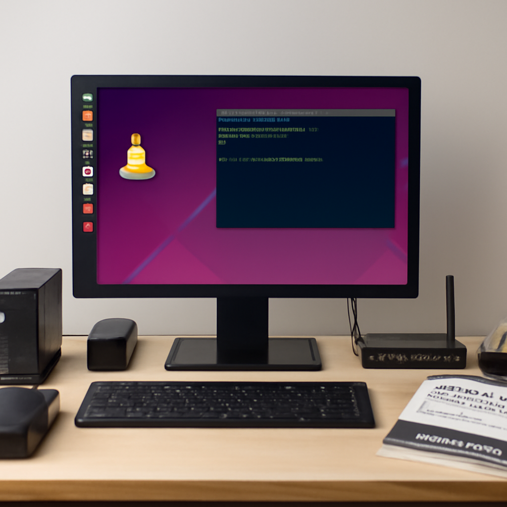 Cybersecurity workstation with Linux computer, equipment, and reference materials on a neutral background.