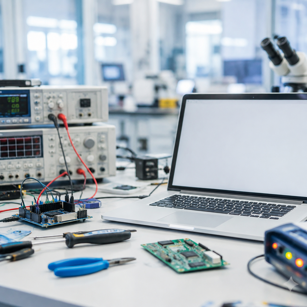 Technical equipment and tools surround a computer on a neutral surface in a well-lit lab setting.