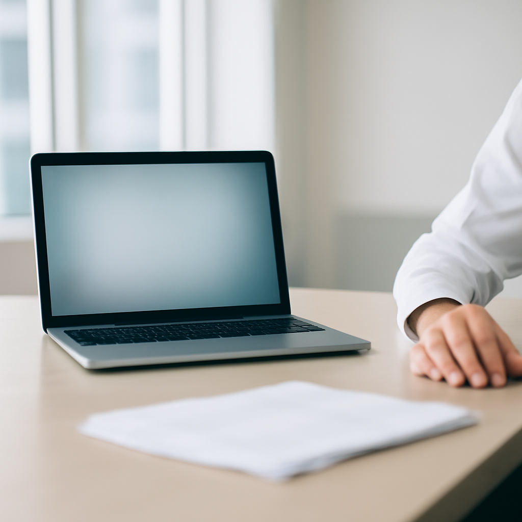 Laptop on a desk in a brightly-lit office setting with a person's hand nearby.