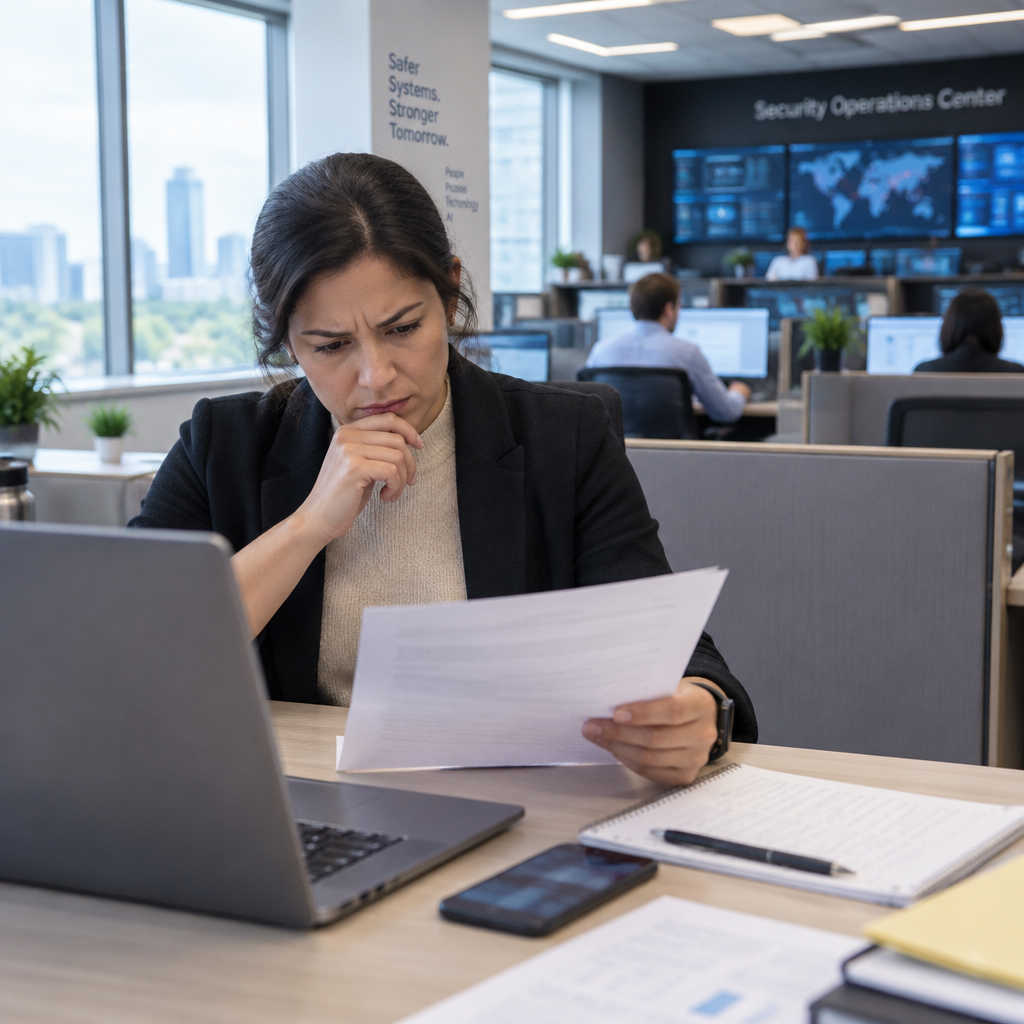 Person working at desk with laptop and phone, surrounded by papers and notes in a corporate office setting.