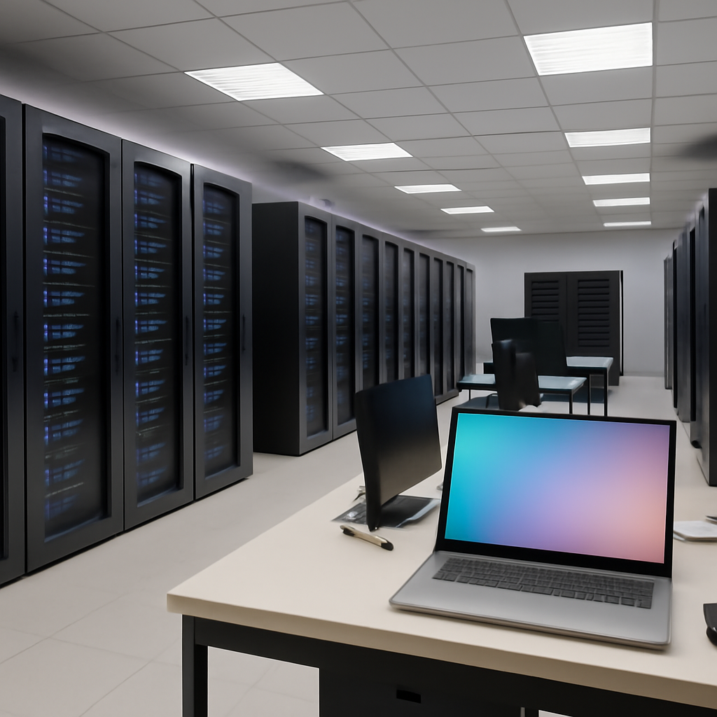 Empty corporate IT room with server racks and workstations, one out-of-focus laptop screen visible.
