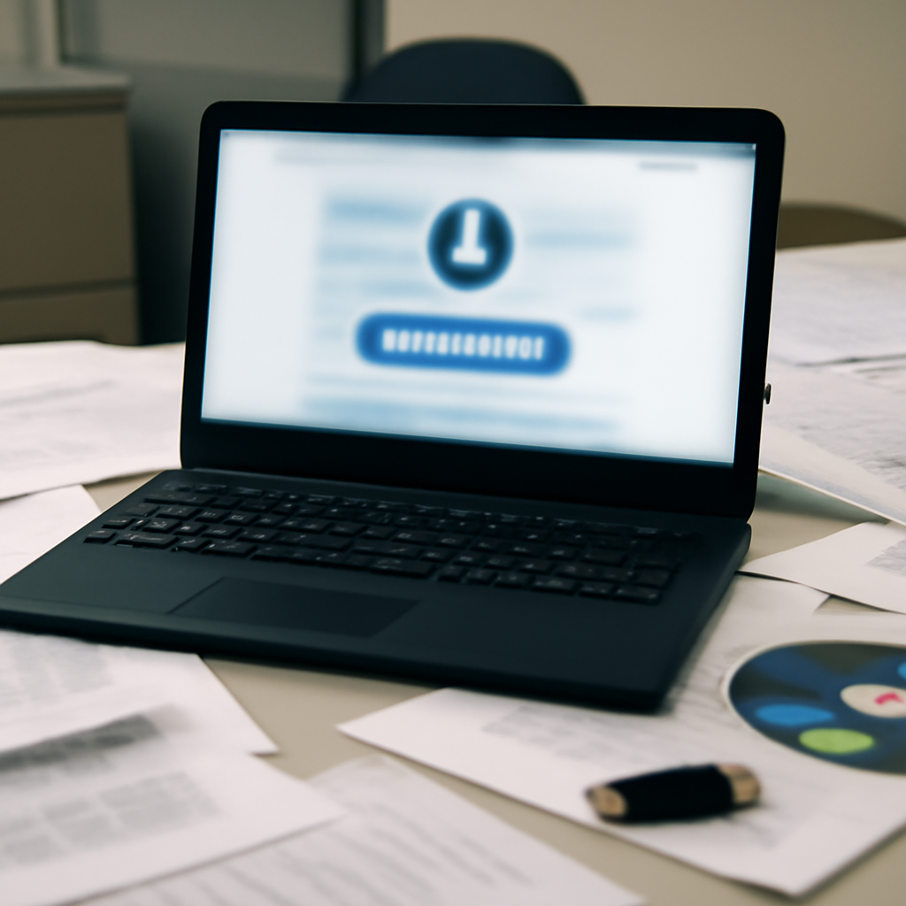 Cluttered office desk with laptop, papers, and storage devices.