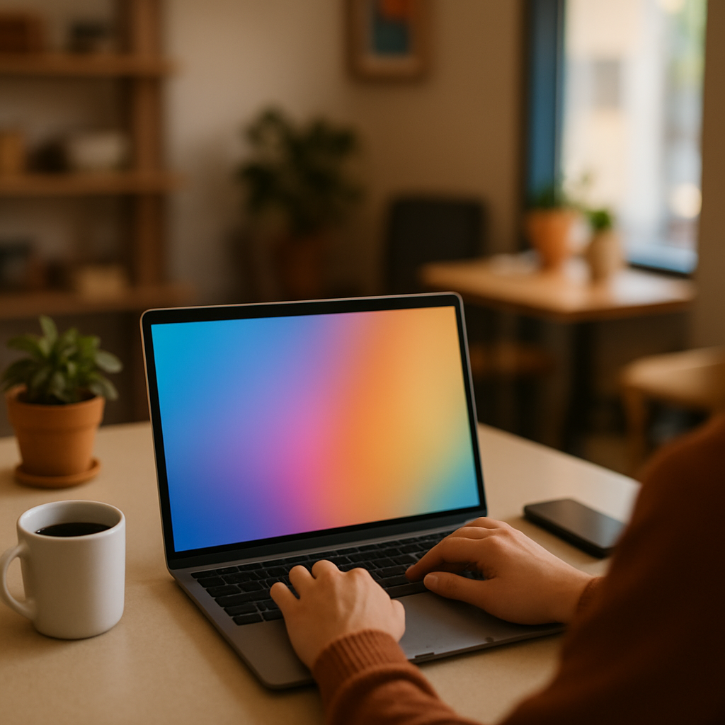 Person working on laptop with blurred webpage on screen in a home office setting.