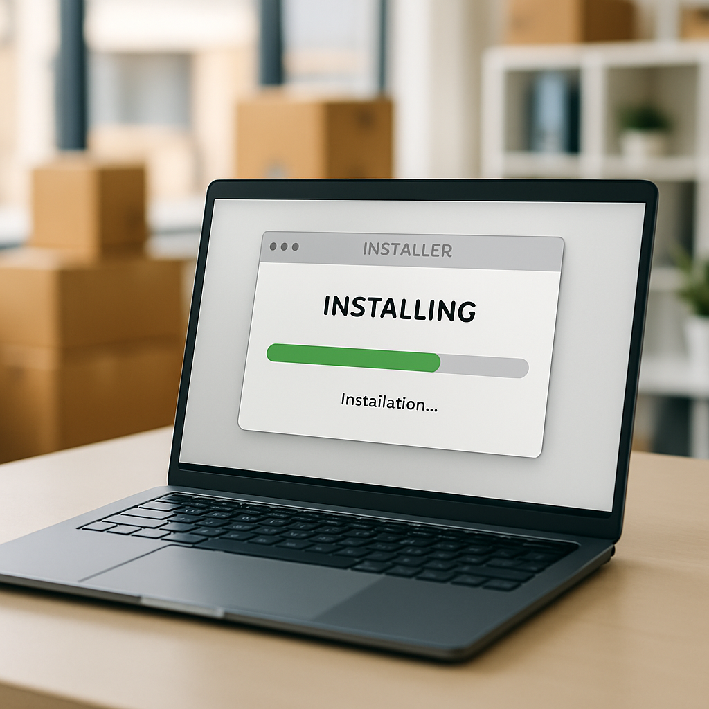Software installation on a laptop in an office setting with a hint of logistics background.