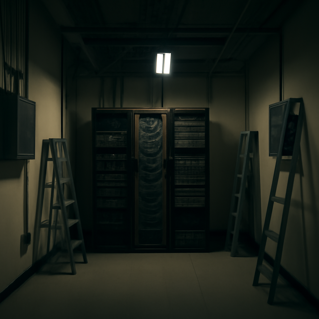 A dimly lit server room with rows of computer servers and network equipment on racks, surrounded by neatly organized cables…