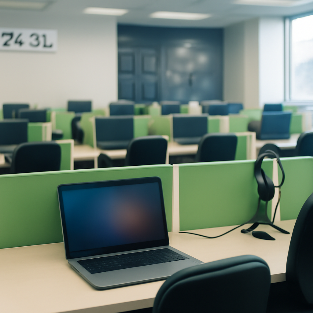 Empty customer service area with rows of desks and chairs near a large window.