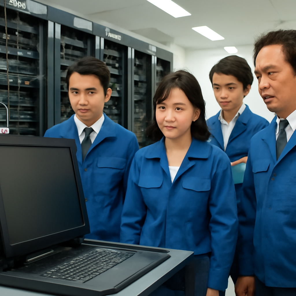 Technicians surround a prominent server terminal with a blurred screen in a brightly-lit Japanese data center.