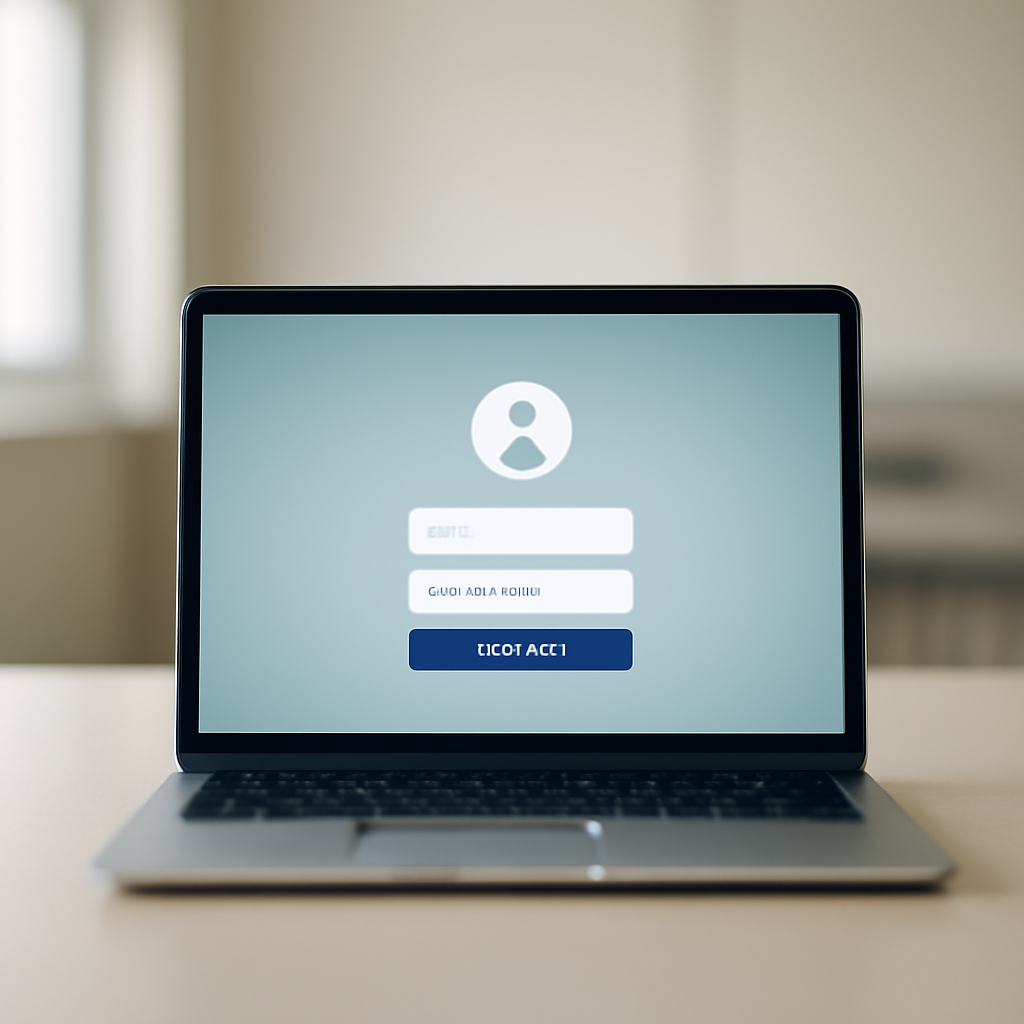 A generic login screen on a laptop in a quiet, institutional setting with soft daylight.