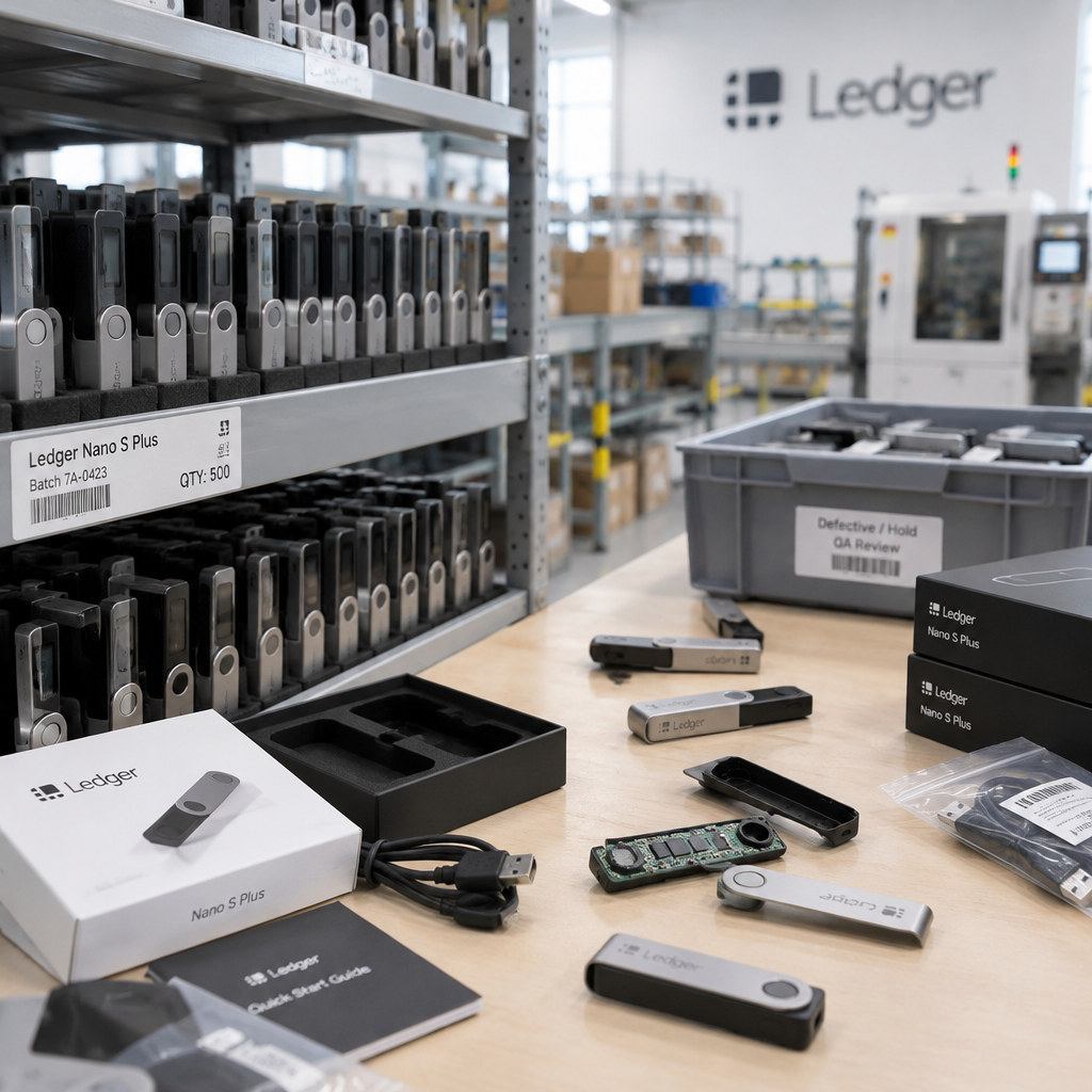 Rows of unsold hardware wallets on shelves and workbenches in a bright, neutral-lit factory or warehouse setting.