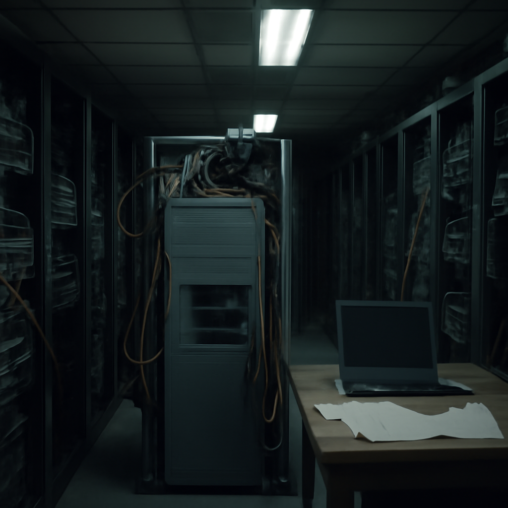 A cluttered server room with rows of computer servers and networking equipment, highlighting a single organized server.