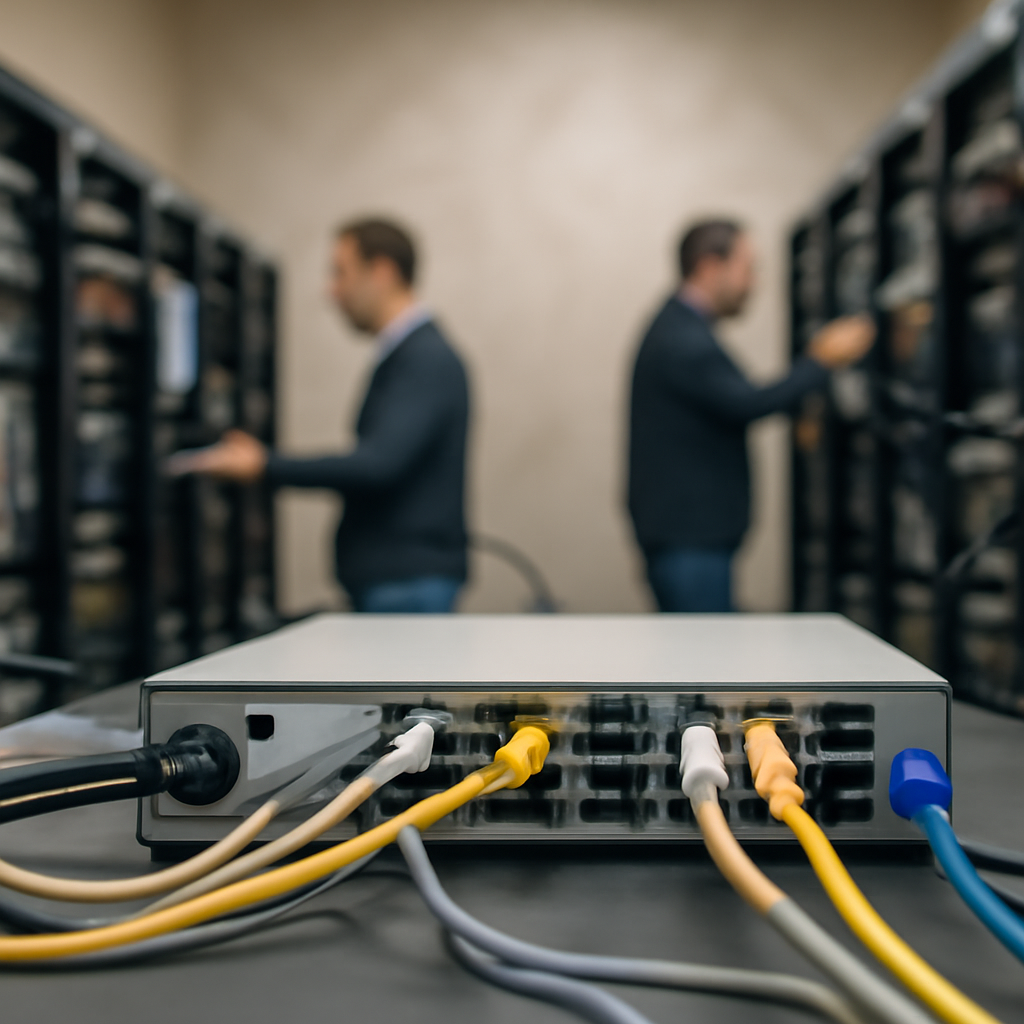 Technicians work in a network operations center with rows of computer servers and networking equipment.