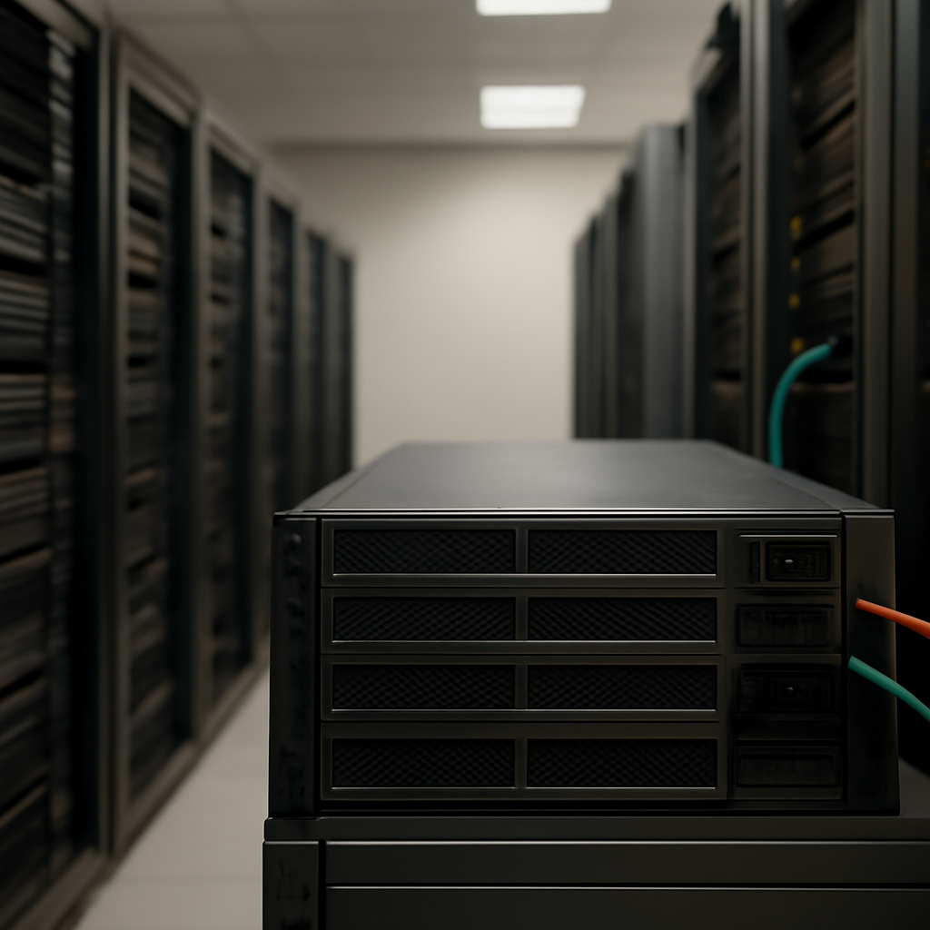 Rows of computer servers and networking equipment in a data center.