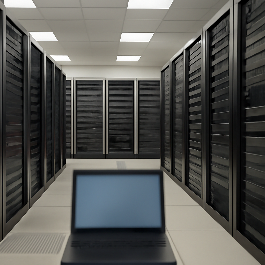 Server room with rows of computer servers and storage equipment, some with dimmed or off status lights.