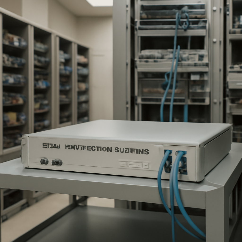 Rows of computer equipment in a server room with a single Email Protection Gateway appliance in the foreground.