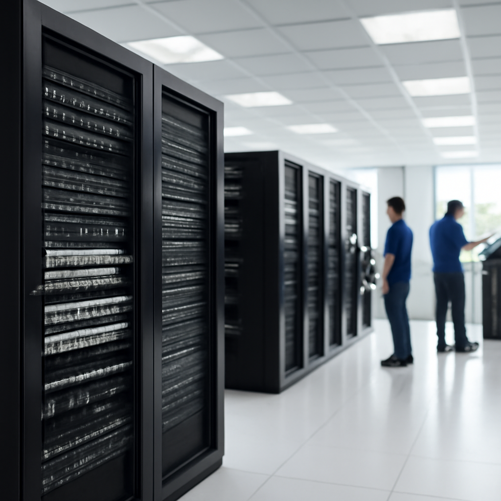 Brightly-lit server room with technicians in background and highlighted equipment rack.