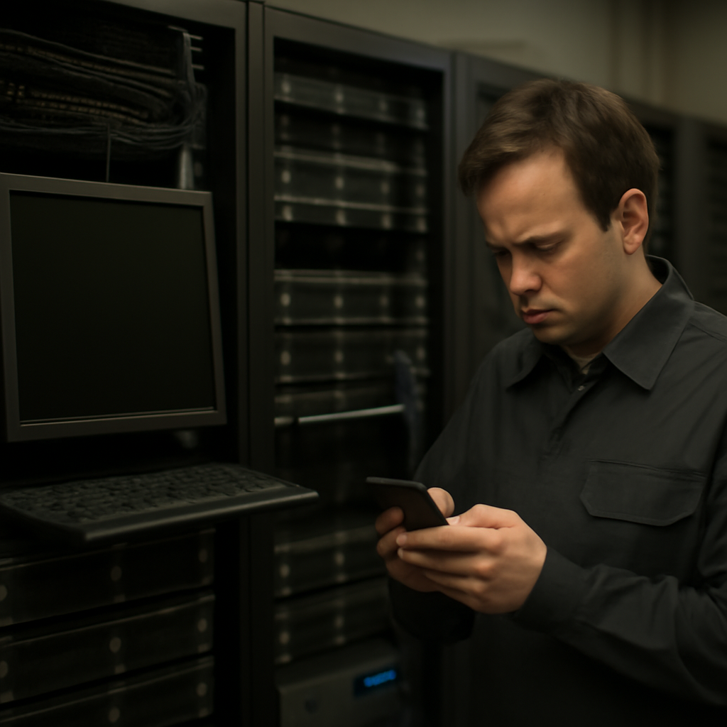 Technician examines a server with a blank screen in a dimly lit server room.