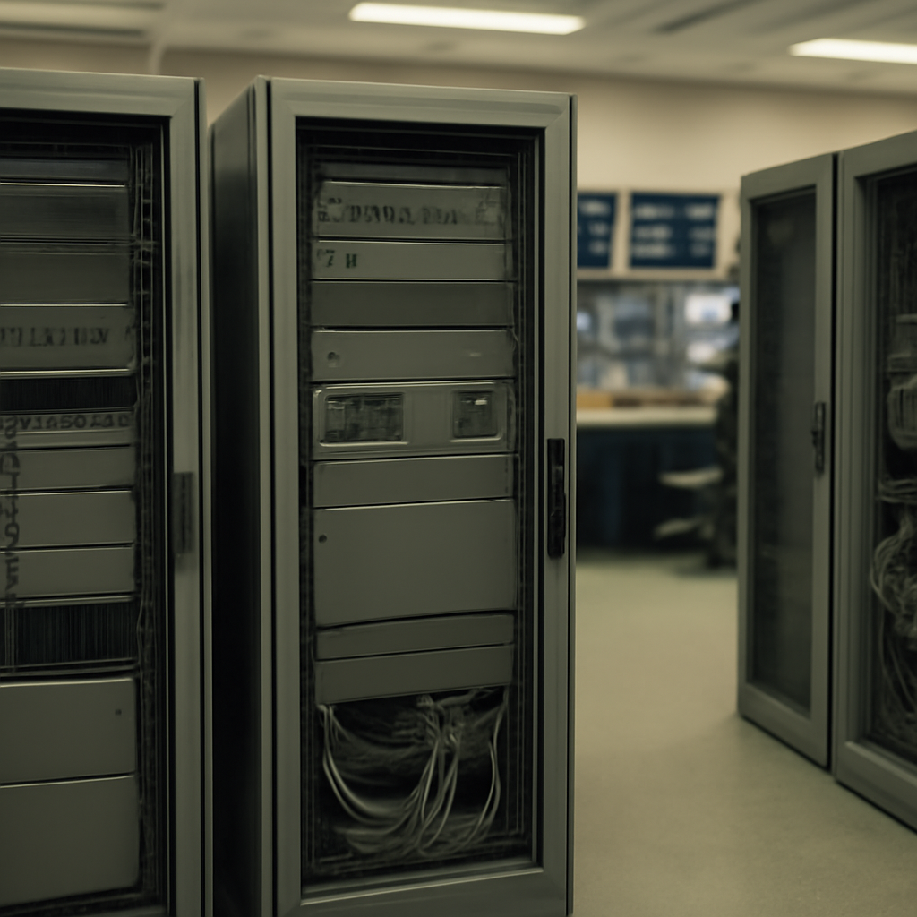Secure server room with rows of equipment racks and muted lighting.