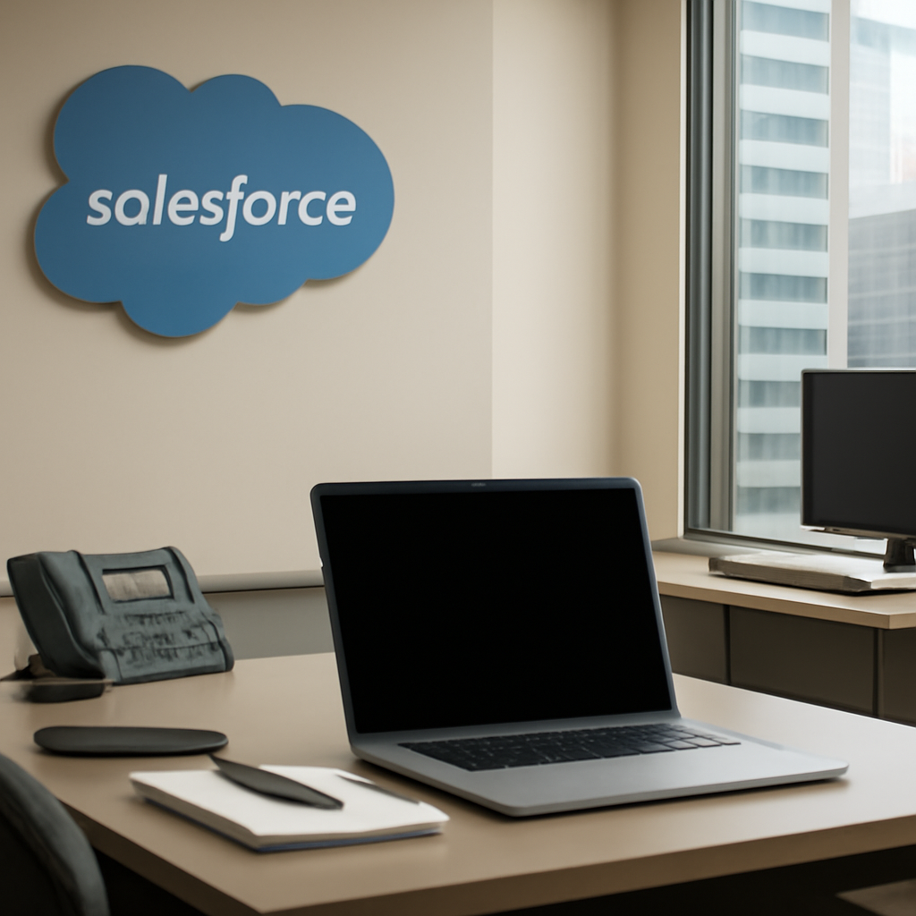 Brightly-lit office with CRM workstation, laptop on desk, and city view through window, hinting at a breached business…