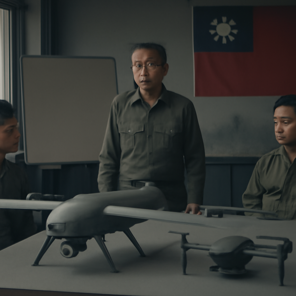 Taiwanese military officials gather in a somber briefing room, discussing drone defense strategies.