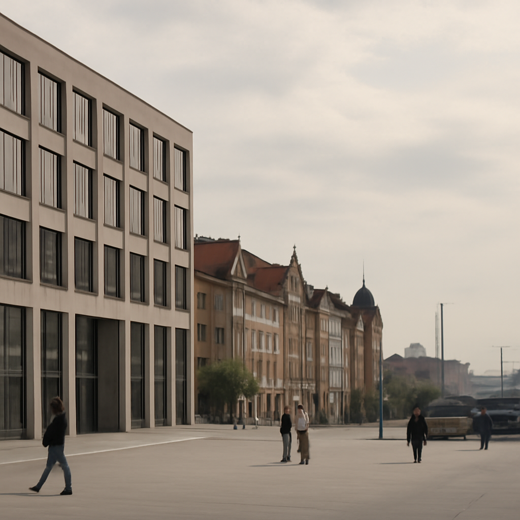 European cityscape with industrial activity and modern office buildings.