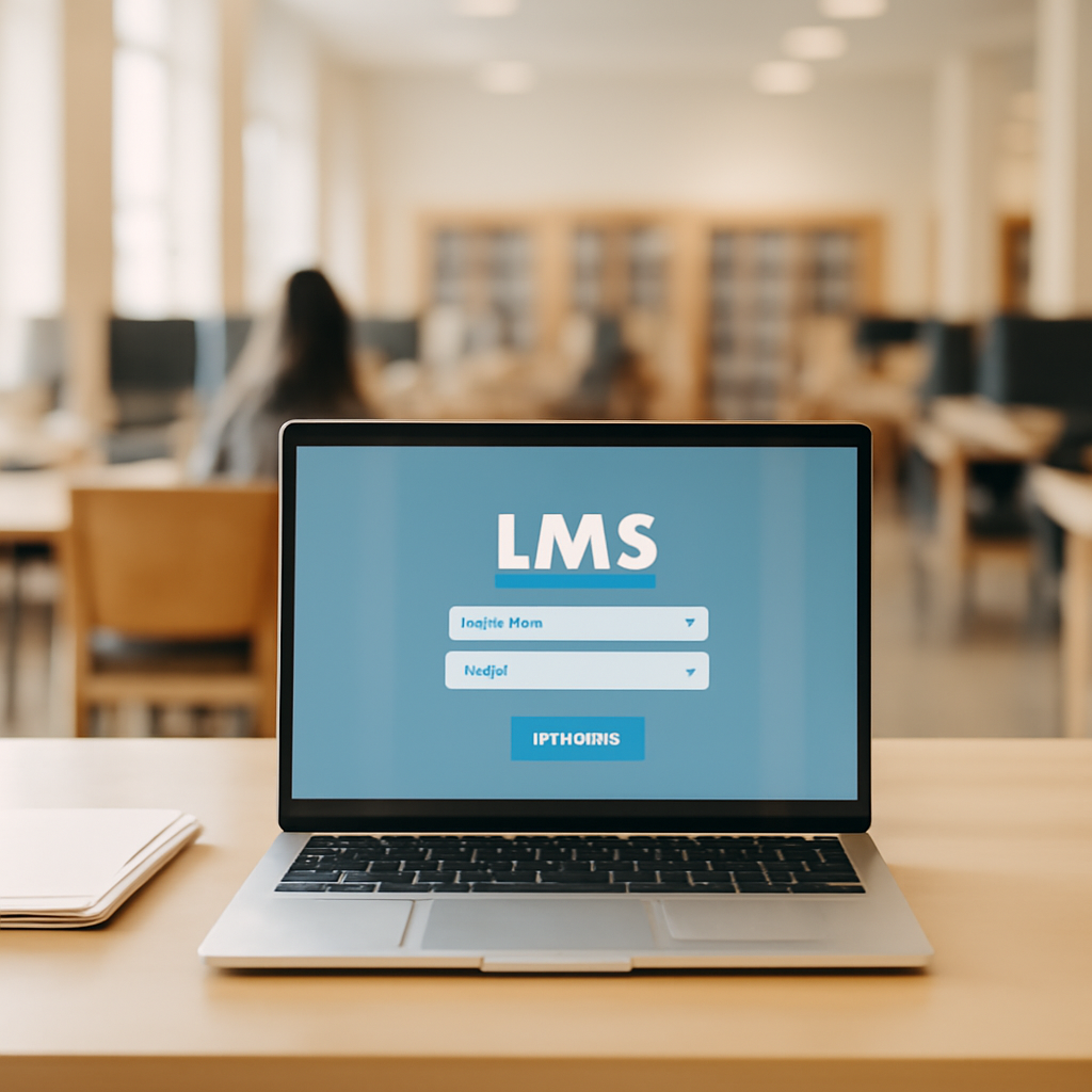 Laptop on student desk shows login screen in bright campus library setting.