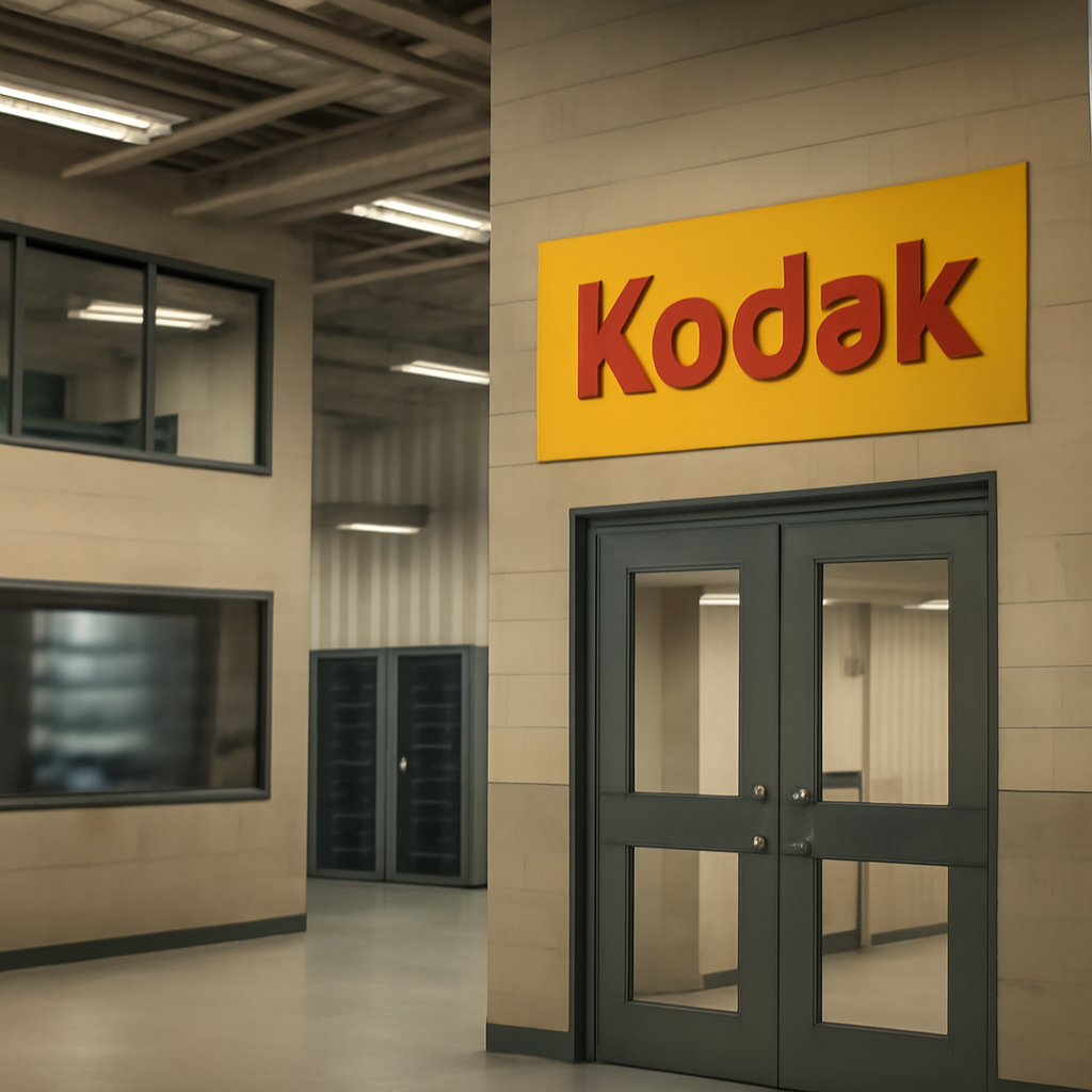 Interior of a Kodak facility with industrial and corporate elements, blurred computer equipment, and a neutral-toned server…