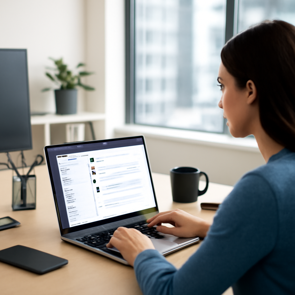 Person sitting at desk with laptop showing Microsoft Teams, surrounded by office equipment and cityscape through window.