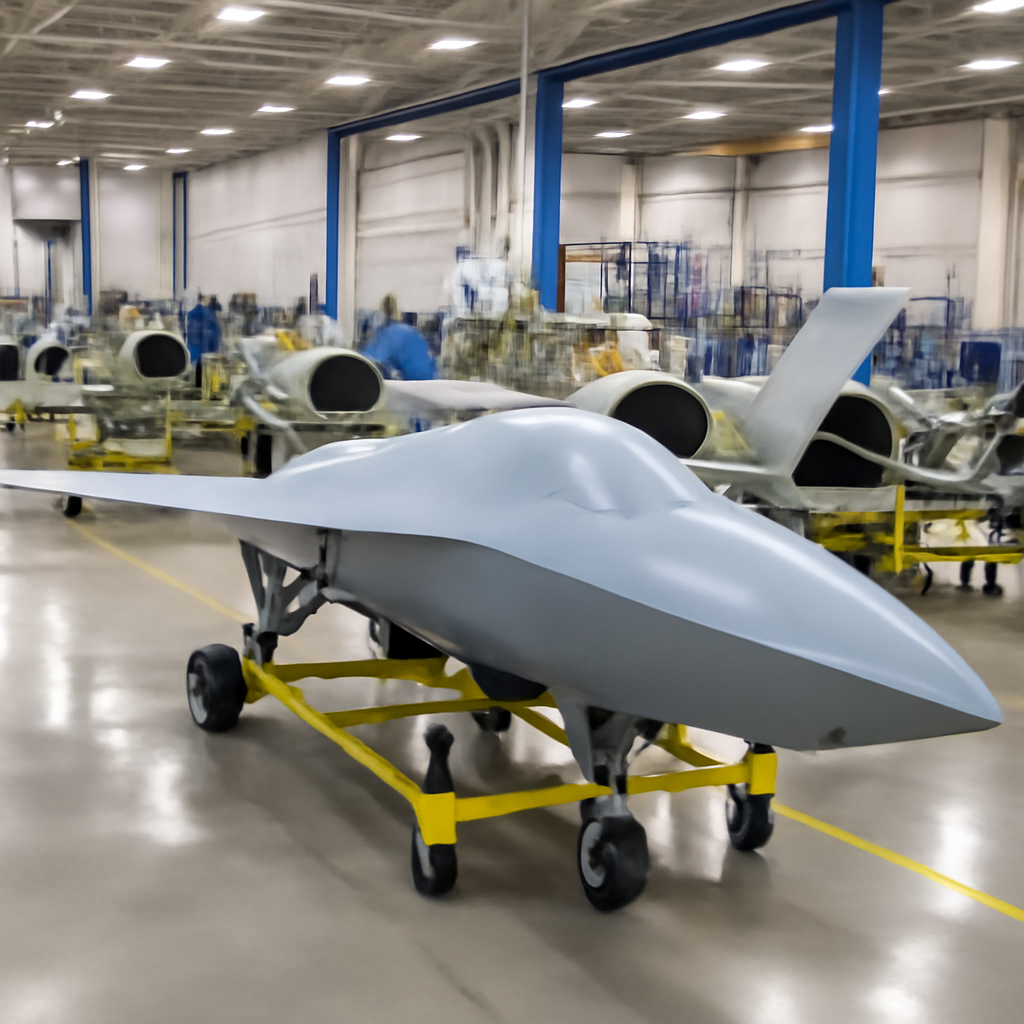Kratos facility with row of XQ-58 Valkyrie drones in various stages of assembly.