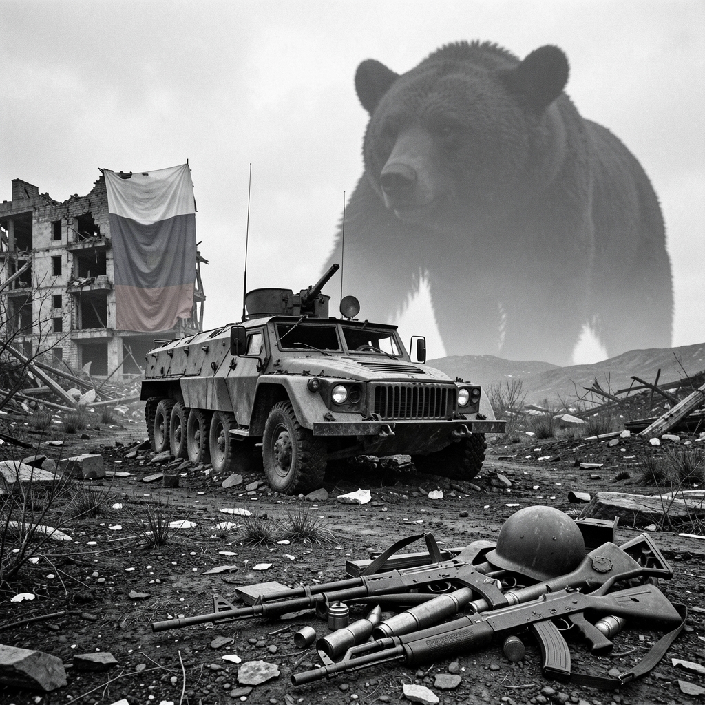 Destroyed military vehicle and Western arms litter a war-torn landscape with a Russian flag in the background.