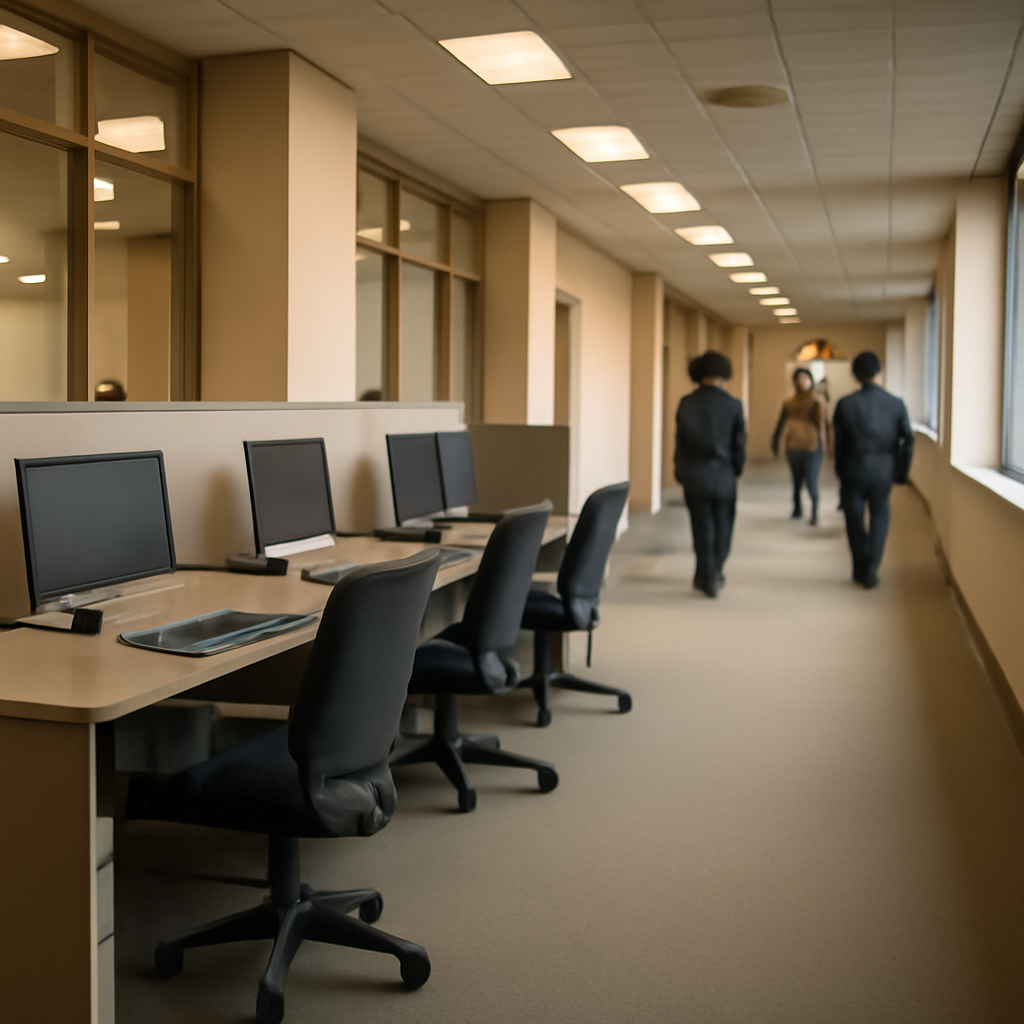 Government agency office with computer workstations and people in the background.