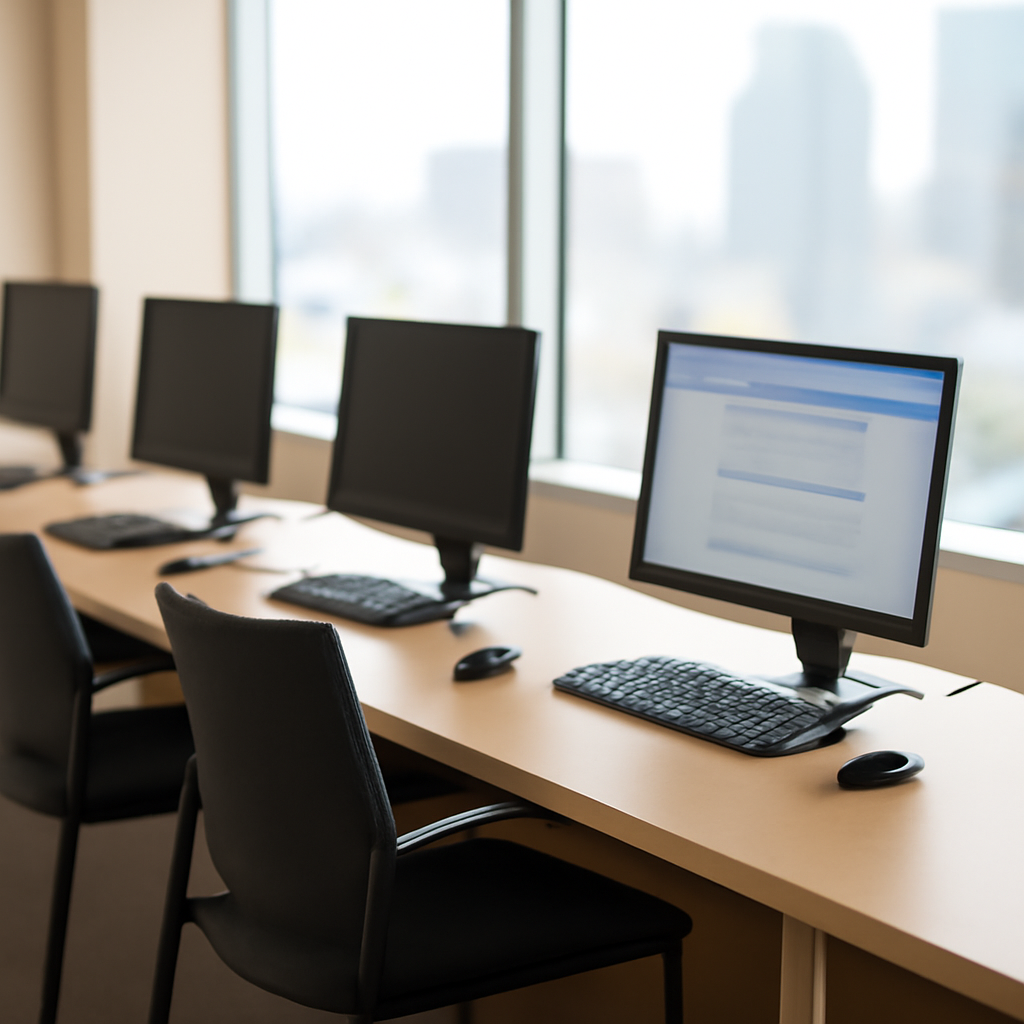Office workers' computers sit idle, with one browser window open on a blurred webpage.