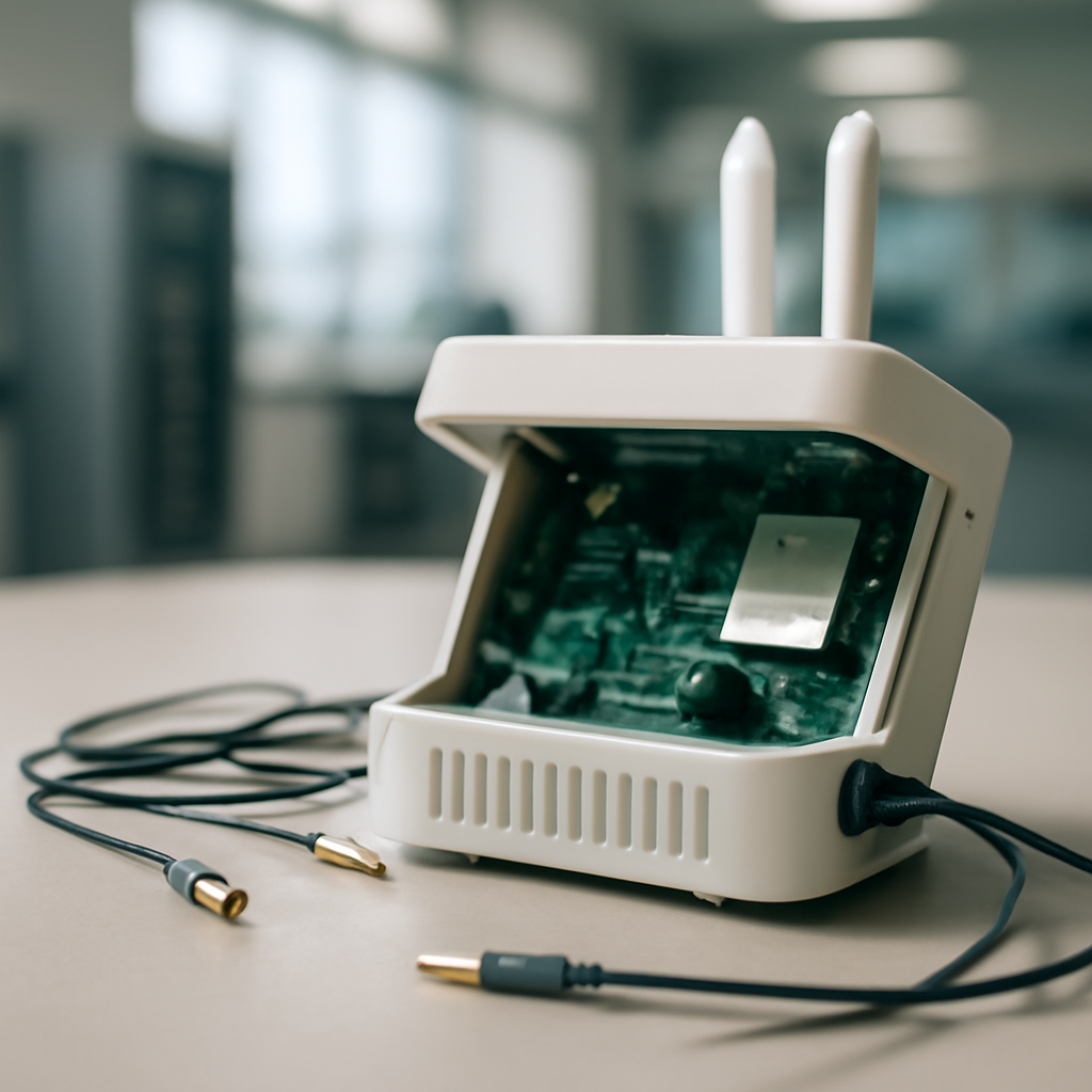 Close-up of partially disassembled small cellular base station on a surface.