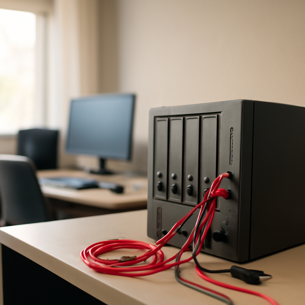 Office setting with computer workstation and network server equipment in foreground.