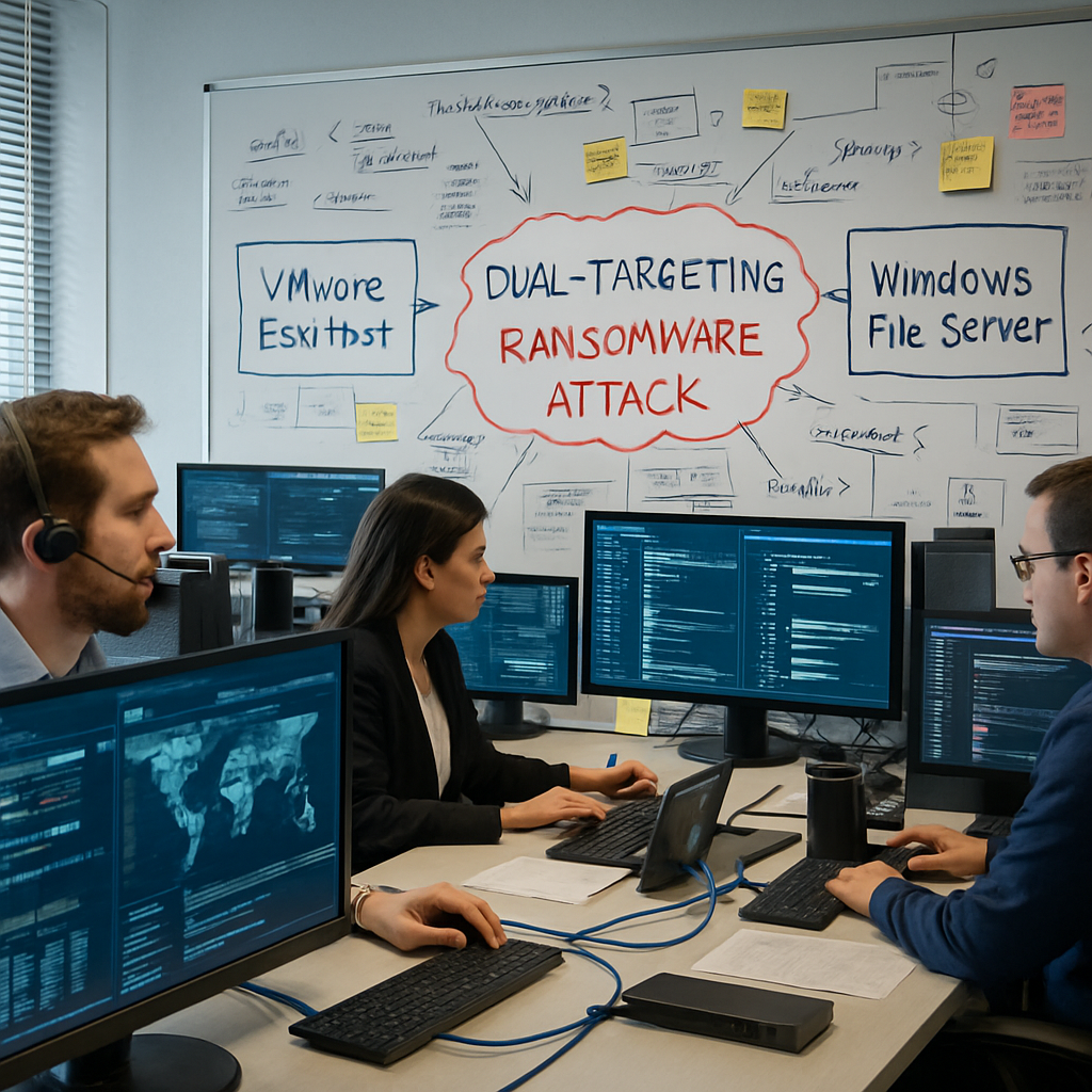 Secure operations center with analysts, computer screens, and VMware ESXi and Windows servers displayed.