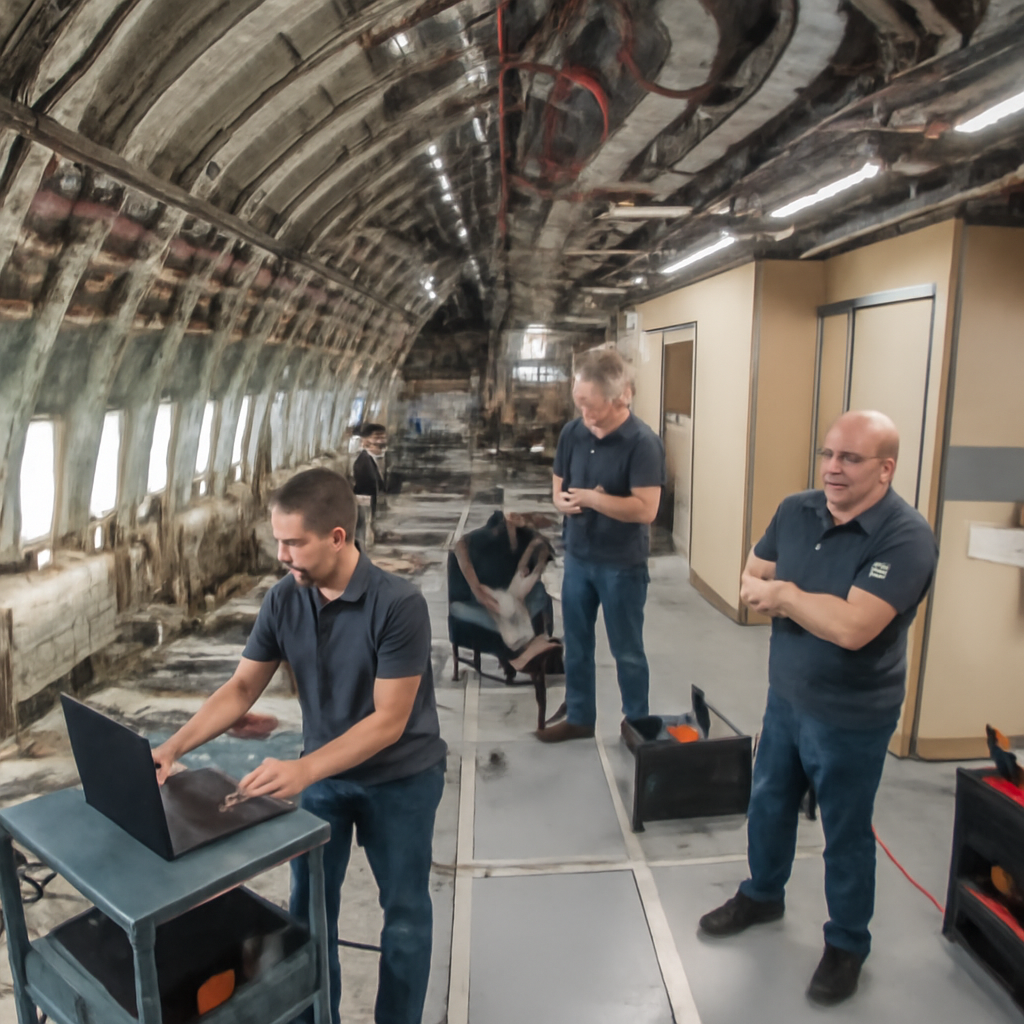 Technicians work on a partially converted Boeing 747-8i aircraft interior with exposed wiring and structural elements.