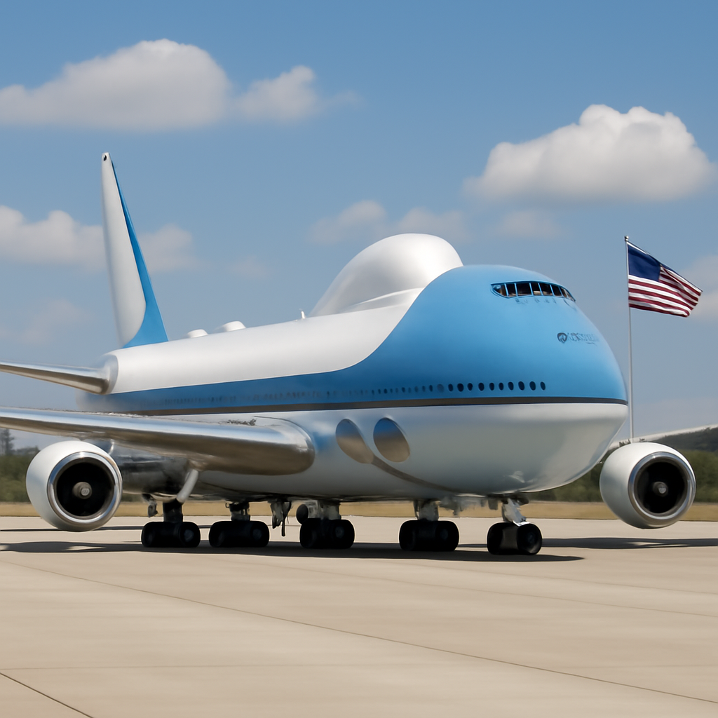 Modified Boeing 747 in Air Force One colors sits on tarmac at Joint Base Andrews.