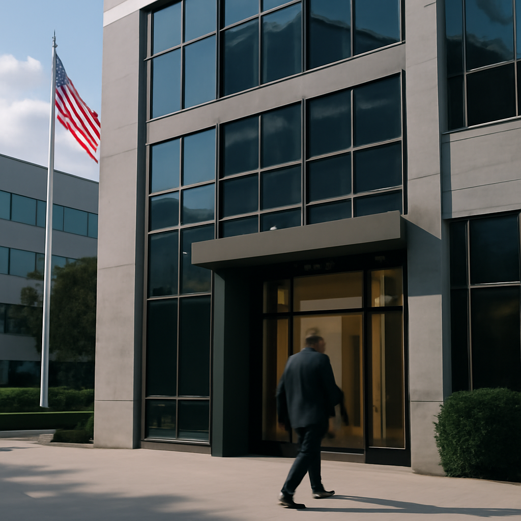 Person walks into corporate lobby, blurred, with flags in background.